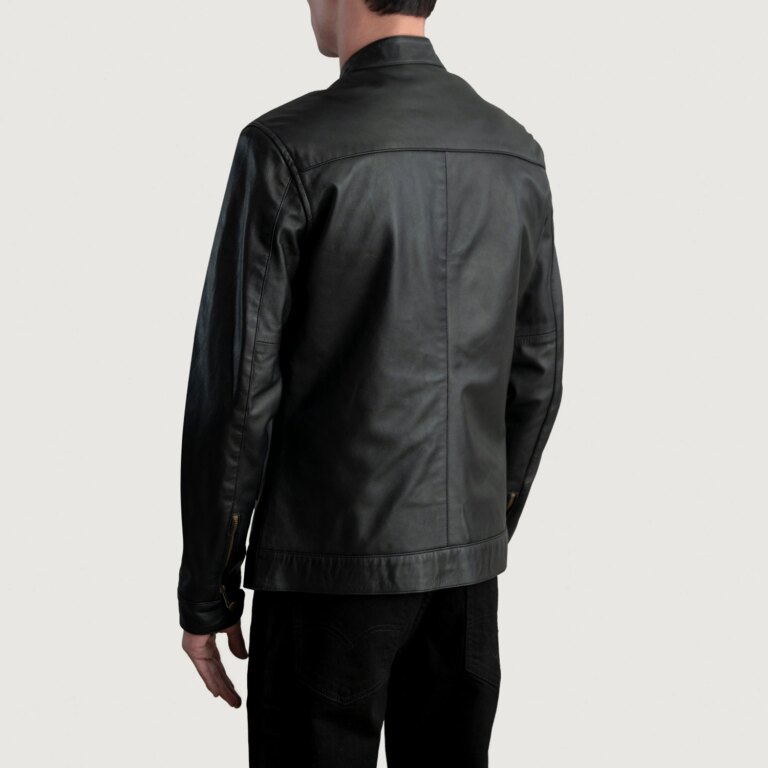 Mens Zen Black Leather Biker Jacket Tilted Back-8-1724069713333